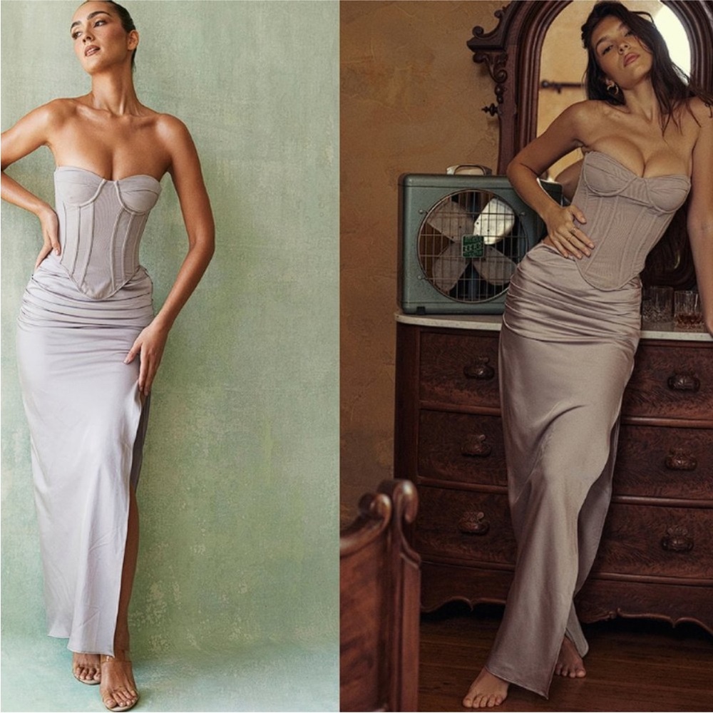HOUSE OF CB‎ 'Jia' Grey Satin Gathered Maxi Skirt NWOT Size S